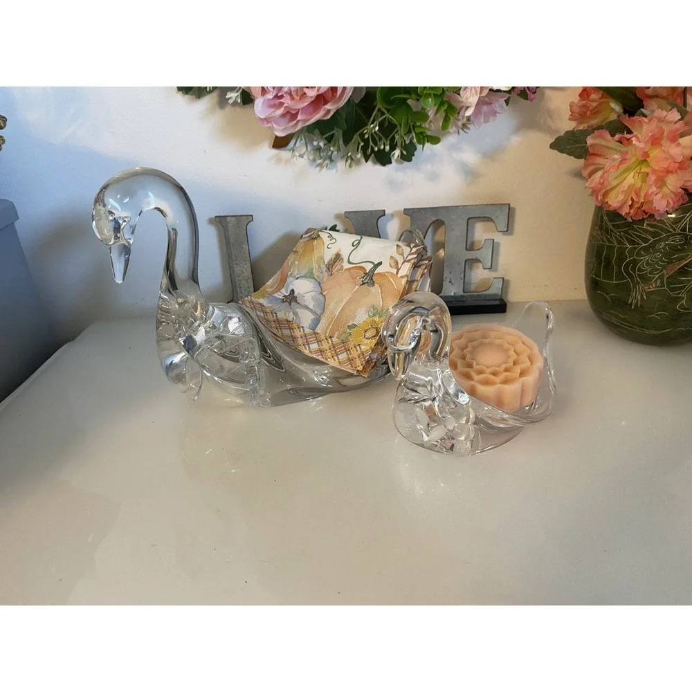 Vintage MCM Lucite Clear Swan Set of 2 Towel & Soap Holders 9